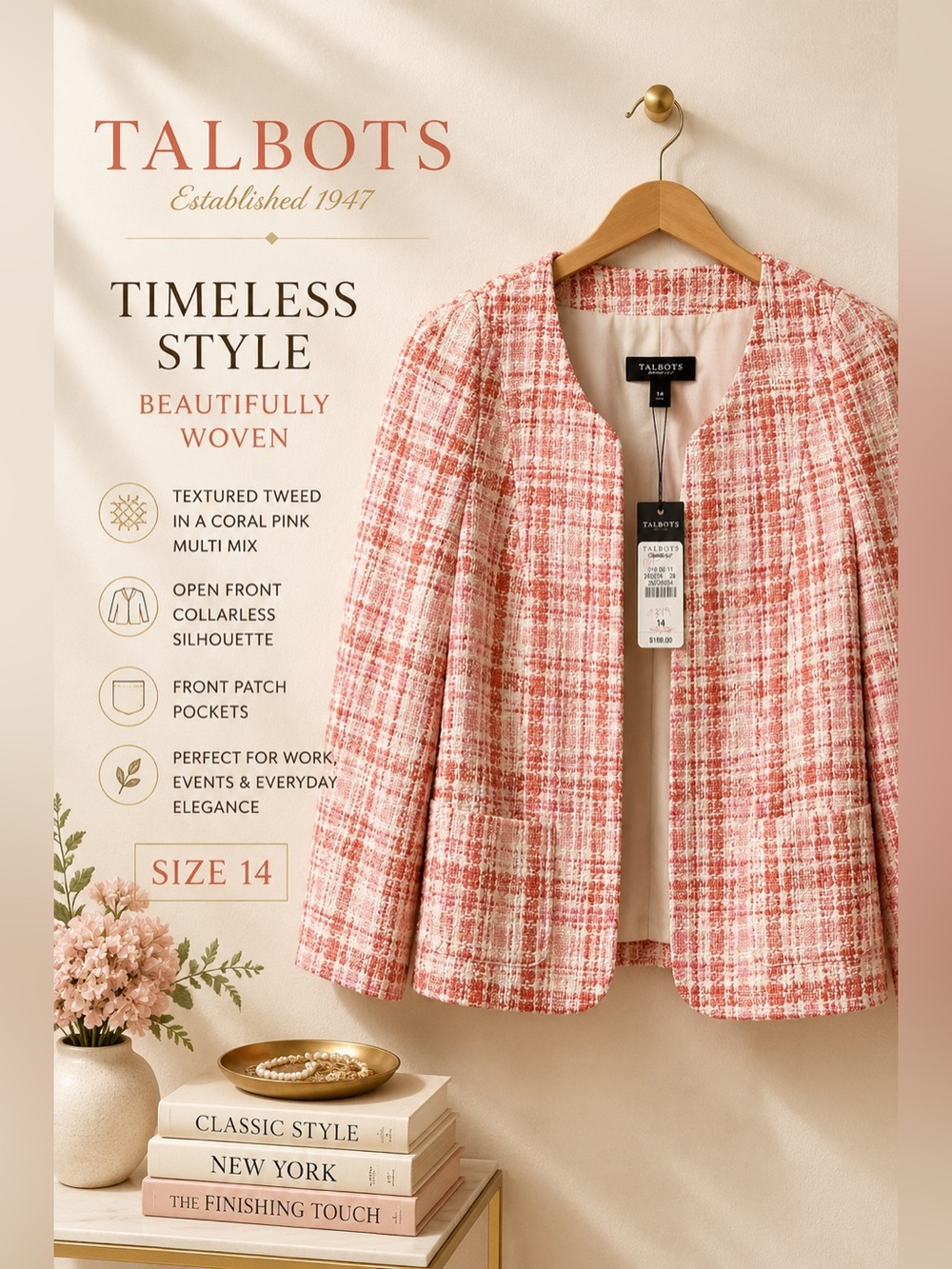 Talbots Coral Pink Tweed Open Front Blazer Jacket Size 14